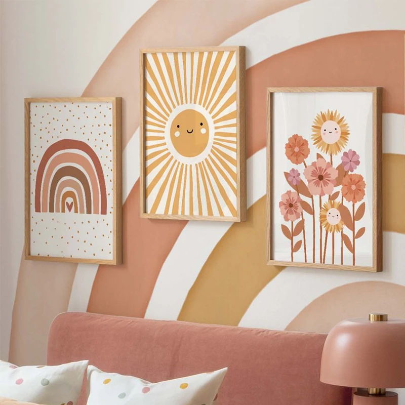 Baby Nursery Wall Art - 캔버스 그림 다채로운 무지개 태양 구름