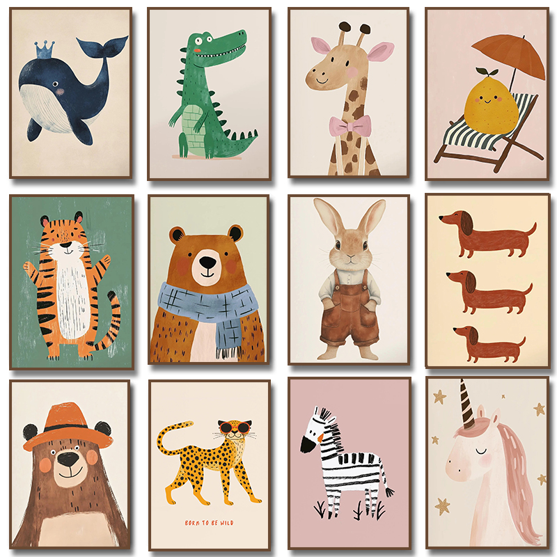 Baby Nursery Wall Art - 귀여운 동물 일러스트 포스터 유니콘 곰