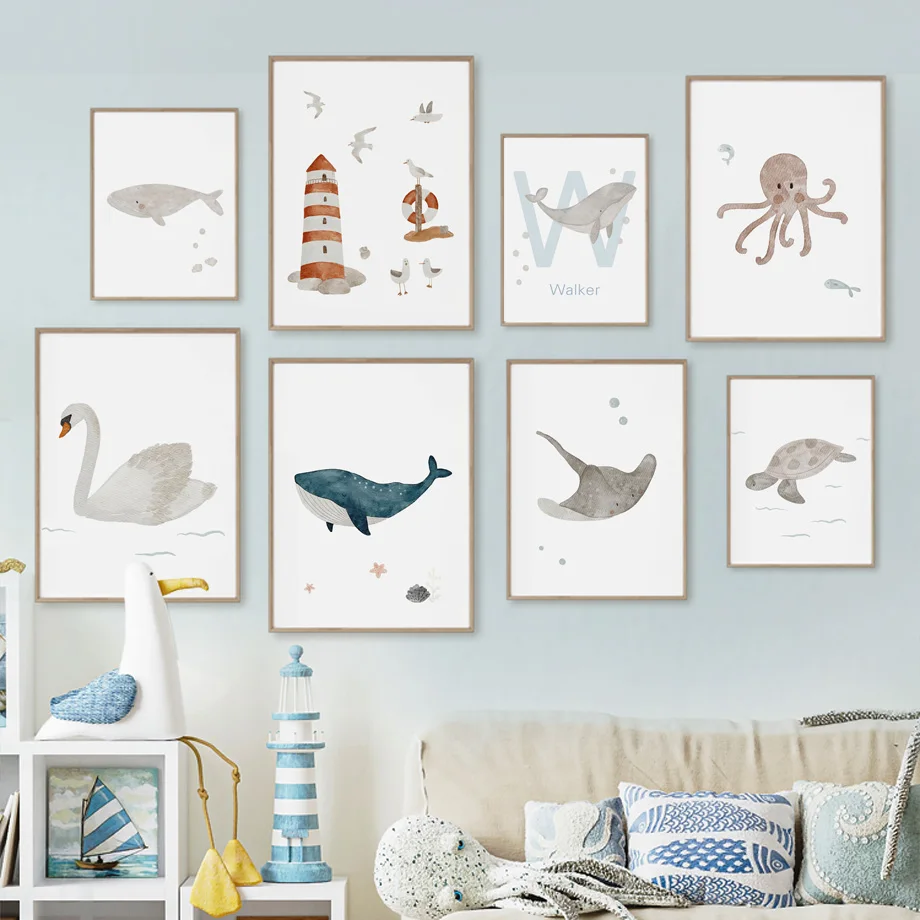 Baby Nursery Wall Art - 이름 바다 고래 문어 거북이 백조