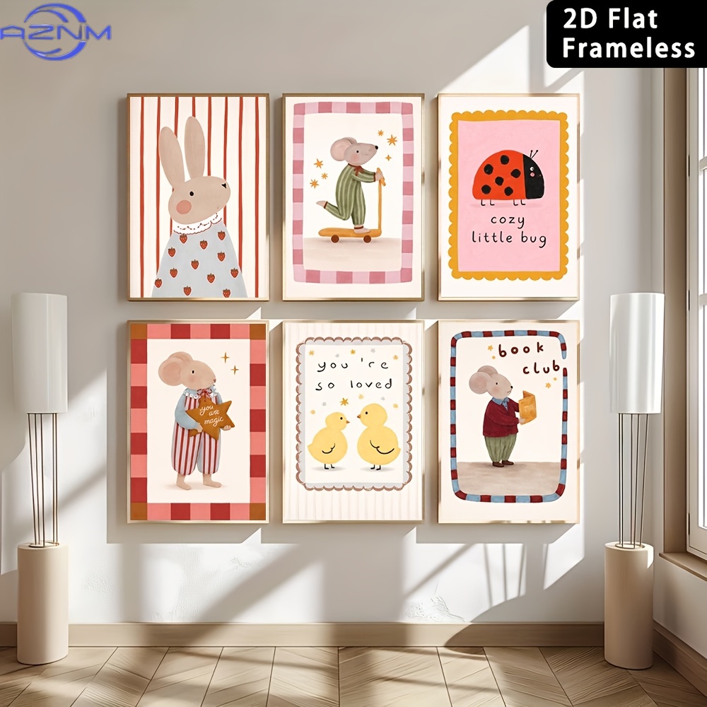 Baby Nursery Wall Art - 6개입 프레임리스 귀여운 만화 동물 캔버스