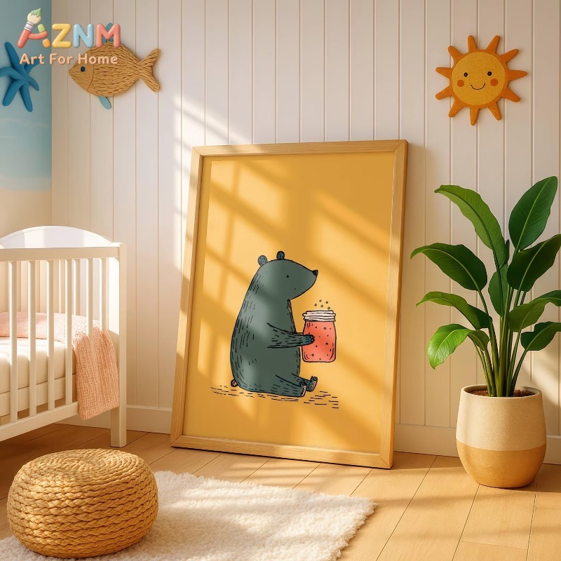 AZNM 만화 곰 꿀병 캔버스 벽 예술 따뜻한 노란색  - Baby Nursery Yellow 리뷰 및 가격