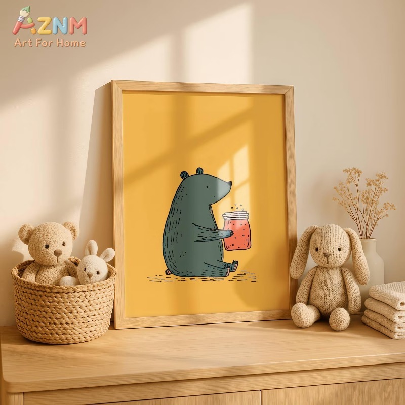 AZNM 만화 곰 꿀병 캔버스 벽 예술 따뜻한 노란색  - Baby Nursery Yellow 리뷰 및 가격