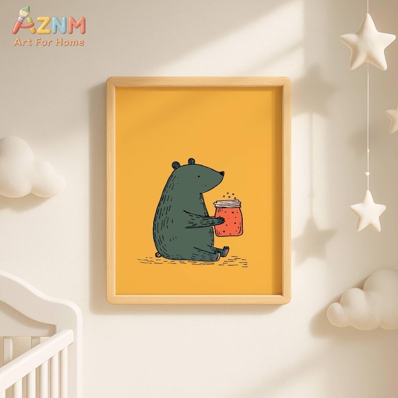AZNM 만화 곰 꿀병 캔버스 벽 예술 따뜻한 노란색  - Baby Nursery Yellow 리뷰 및 가격