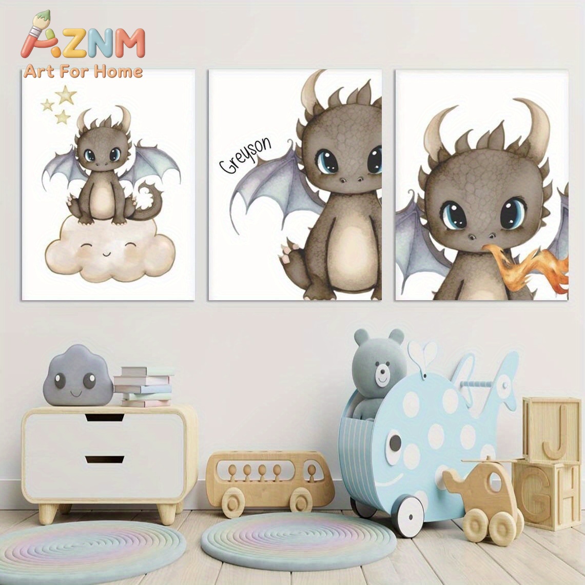 AZNM 귀여운 아기 드래곤 캔버스 벽 예술 만화 판타 - Baby Nursery Wall Art 리뷰 및 가격