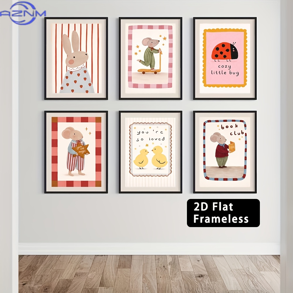 6개입 프레임리스 귀여운 만화 동물 캔버스 포스터 -  - Baby Nursery Wall Art 리뷰 및 가격