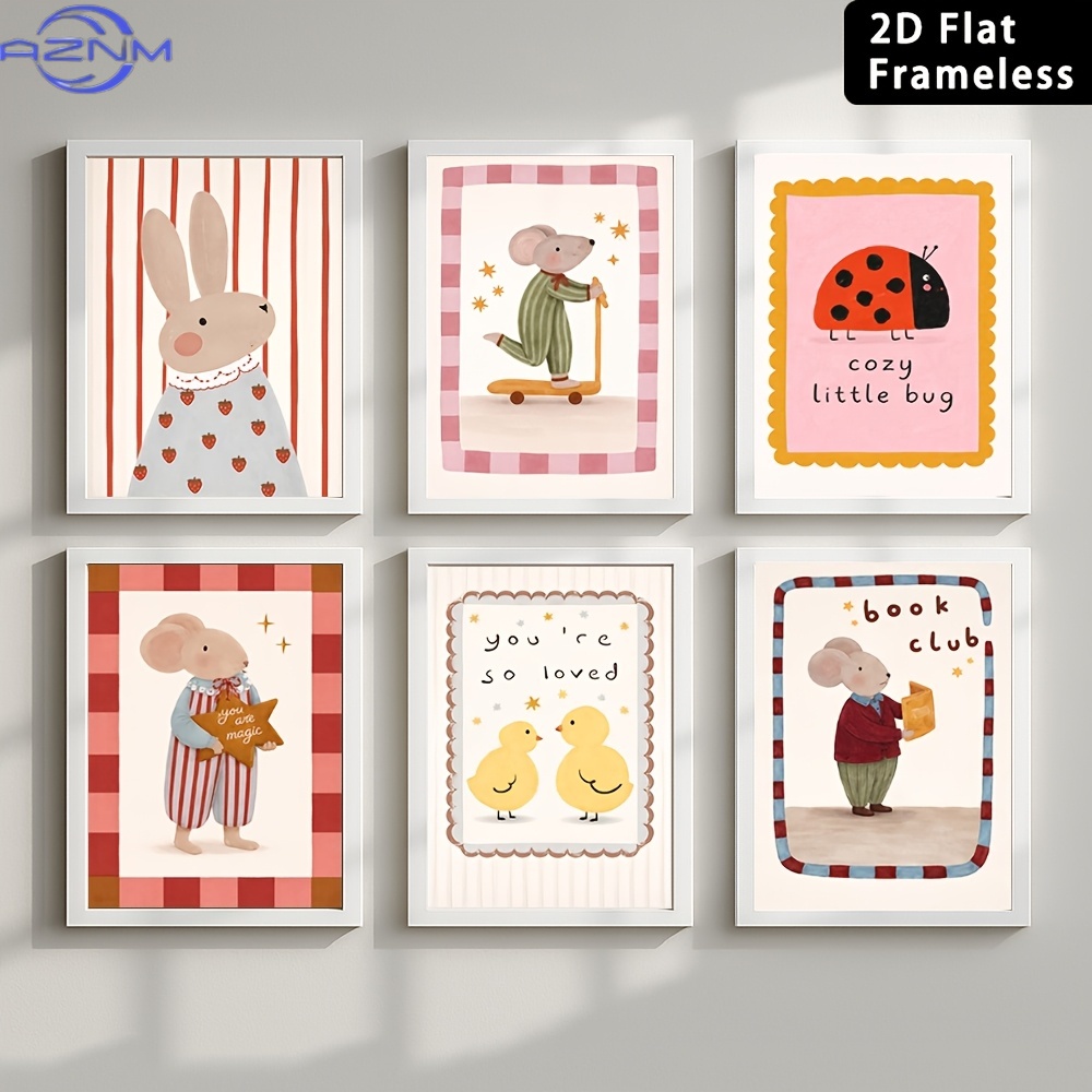 6개입 프레임리스 귀여운 만화 동물 캔버스 포스터 -  - Baby Nursery Wall Art 리뷰 및 가격