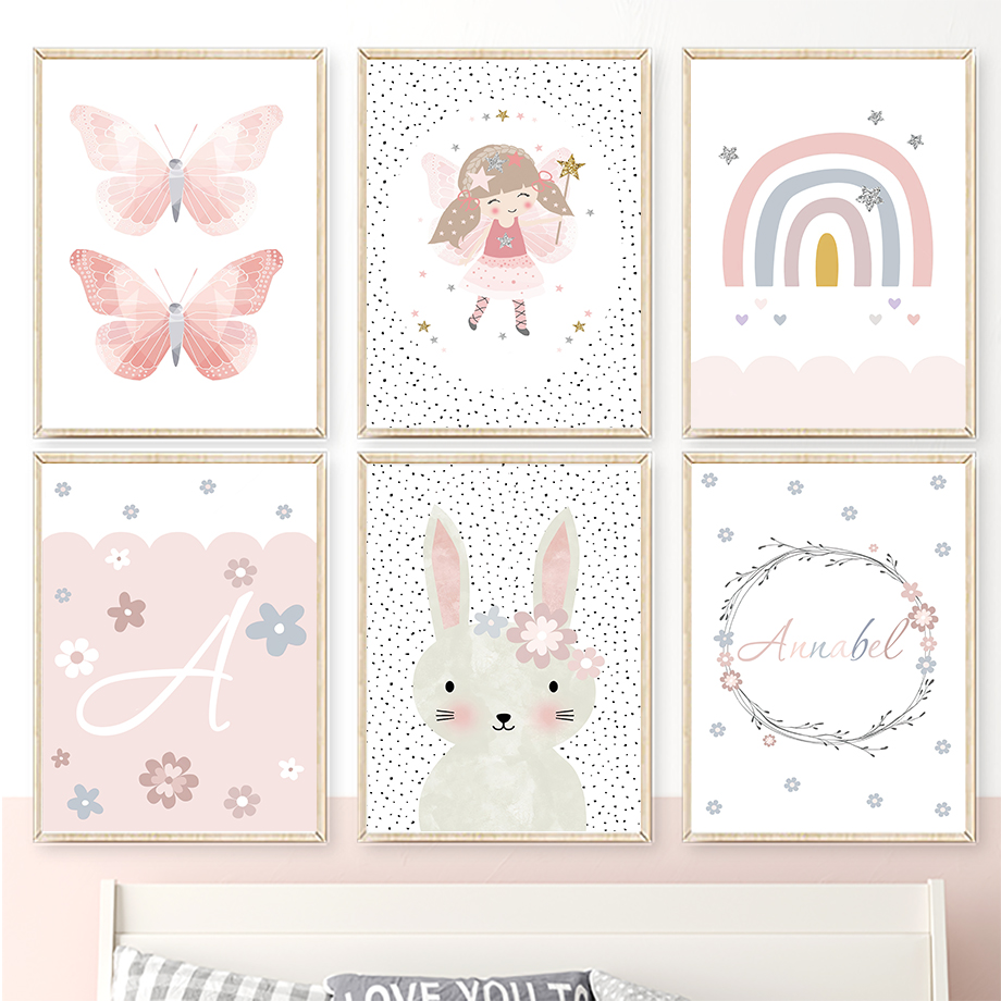 귀여운 소녀 토끼 꽃 나비 무지개 벽 예술 캔버스 그림 - Baby Nursery Wall Art 리뷰 및 가격